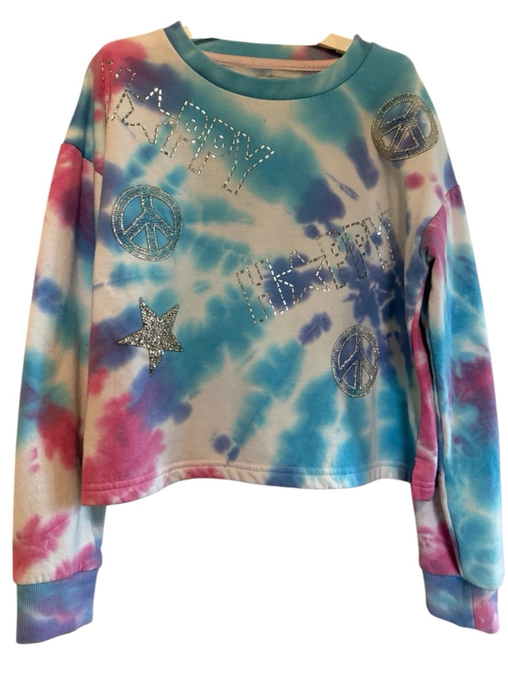 MIA Girls TieDye Crewneck Sweatshirt sz large Rhinestone Peace Signs/stars. NWOT